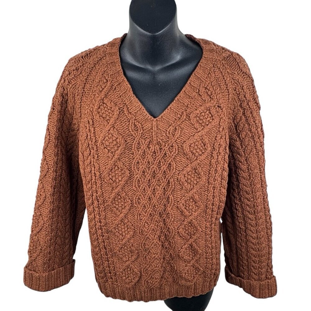 VTG 90 Abercrombie & Fitch Shetland Wool Cable Knit Sweater Orange Brown Women S